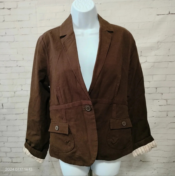 CAbi size 10 Brown Lined Cotton Blazer Jacket Retro Minimalist Classic Style - Picture 1 of 11